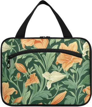 Vintage Orange Lily Flower Green Leaves William Morris Style hanging travel toiletry bag hanging with hook, designer unisex waterproof cosmetic bag for adults hotel bolsa de maquillaje para mujer M