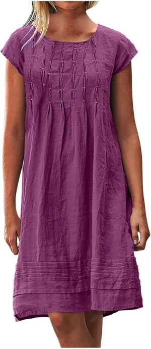 Vintage Summer Cotton Linen Dress for Women Casual Short Sleeve Ruched T Shirts Dress Loose Fit A-Line Beach Sundress