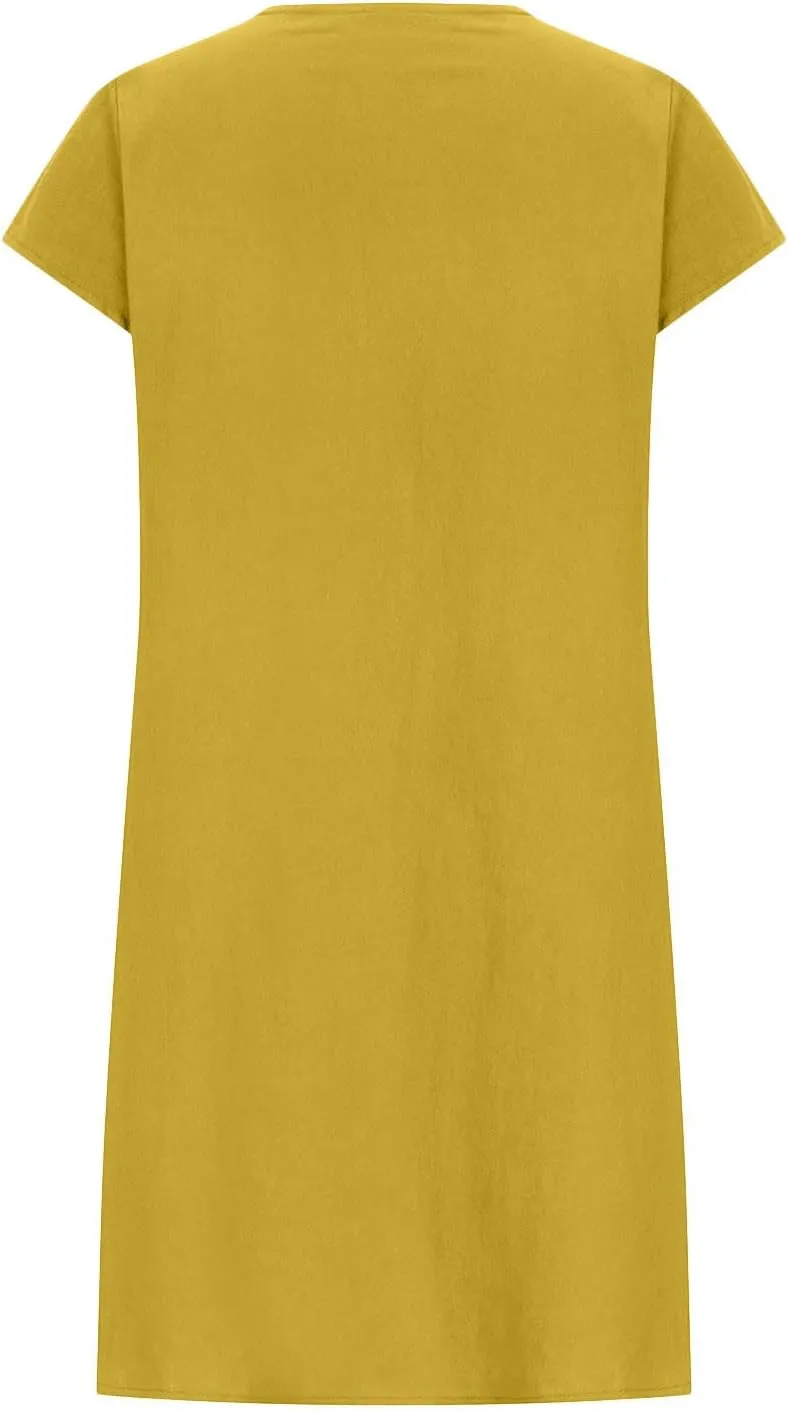 Vintage Summer Cotton Linen Dress for Women Casual Short Sleeve Ruched T Shirts Dress Loose Fit A-Line Beach Sundress