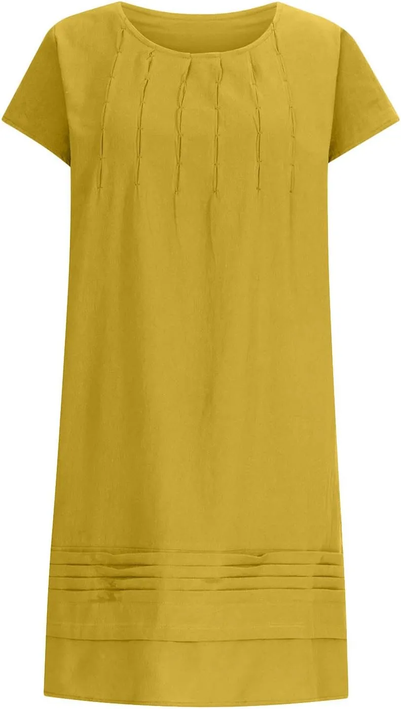 Vintage Summer Cotton Linen Dress for Women Casual Short Sleeve Ruched T Shirts Dress Loose Fit A-Line Beach Sundress