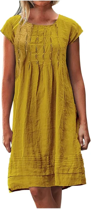 Vintage Summer Cotton Linen Dress for Women Casual Short Sleeve Ruched T Shirts Dress Loose Fit A-Line Beach Sundress