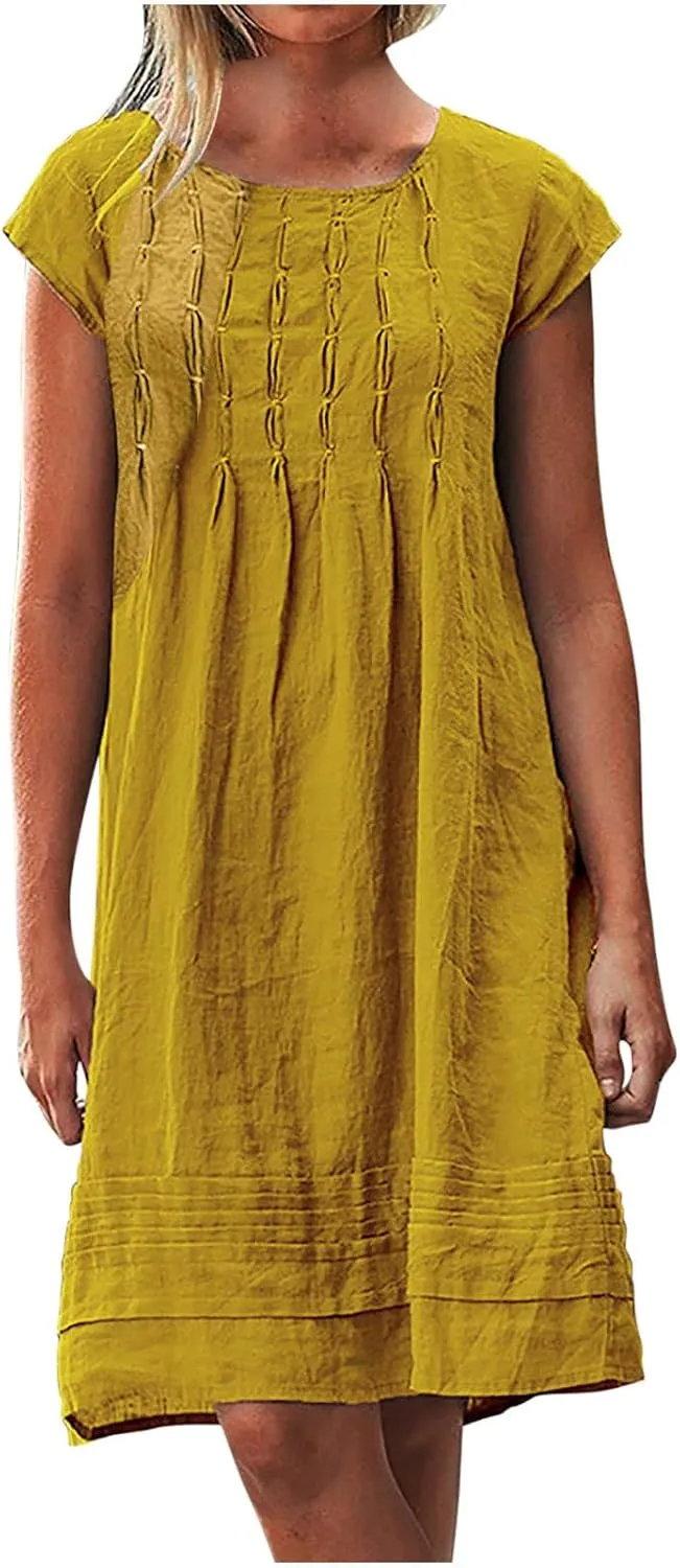 Vintage Summer Cotton Linen Dress for Women Casual Short Sleeve Ruched T Shirts Dress Loose Fit A-Line Beach Sundress