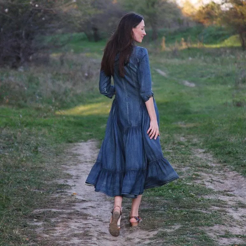 Vintage Women Three Quarter Sleeve A-Line Blue Denim Maxi Dress