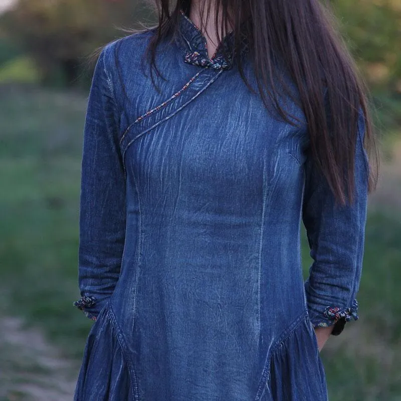 Vintage Women Three Quarter Sleeve A-Line Blue Denim Maxi Dress