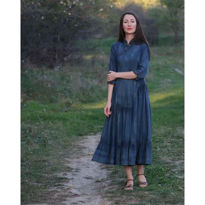 Vintage Women Three Quarter Sleeve A-Line Blue Denim Maxi Dress