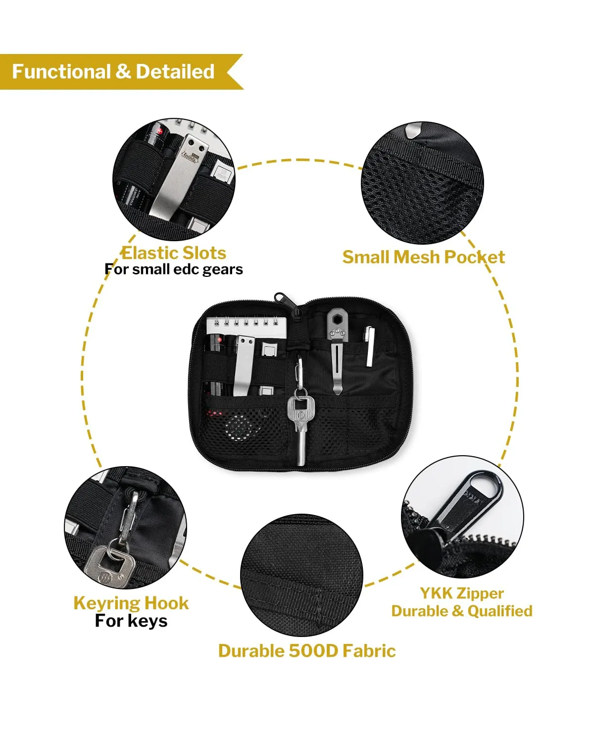 VIPERADE VE10 EDC Pouch, Pocket Organizer for Men, EDC Pocket Organizer, EDC Organizer Pouch with 7 Pockets, EDC Pouch Organizer, Utility EDC Pocket Pouch for Multitools, EDC Gears Black