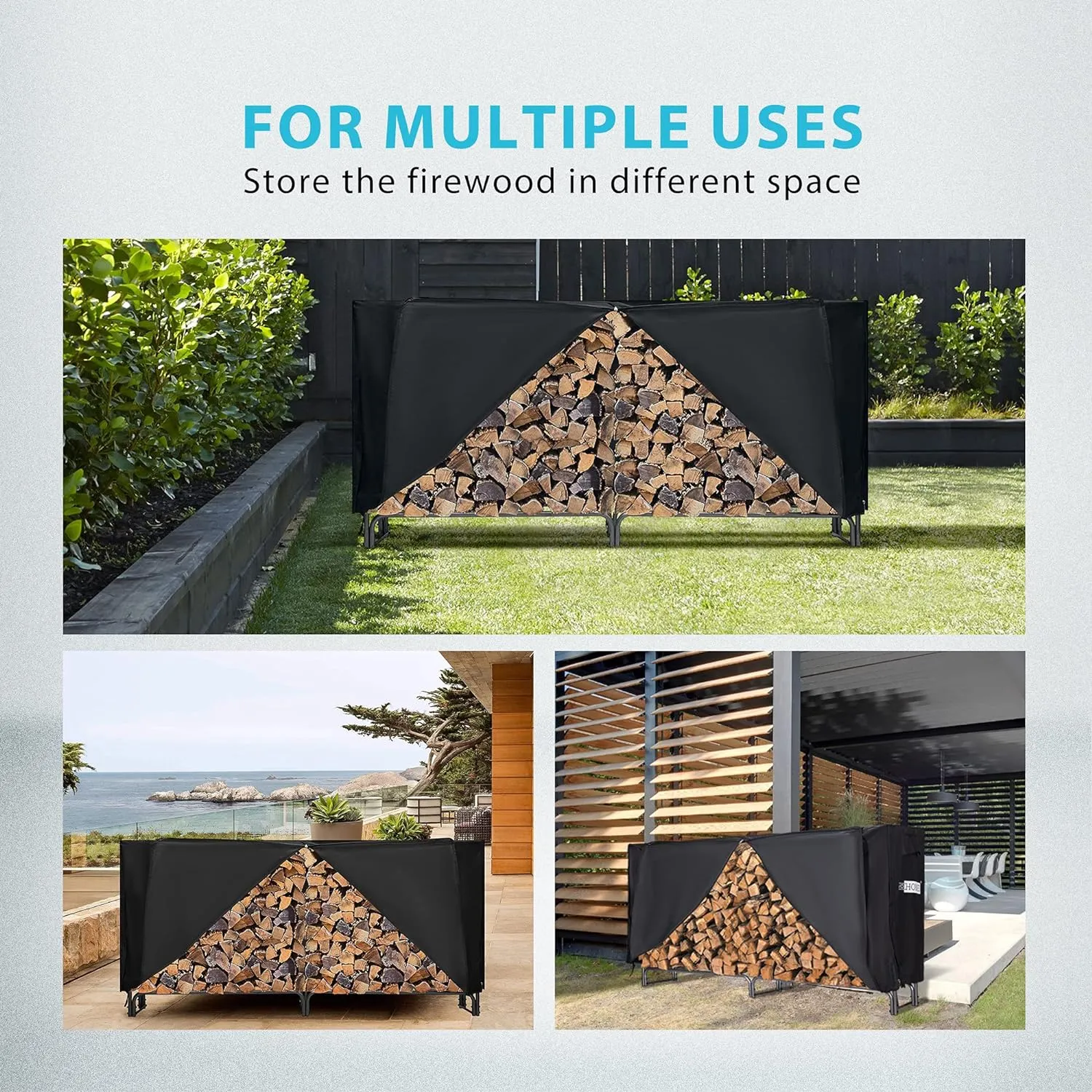 VIVOHOME 8ft Heavy Duty Indoor Outdoor Firewood Storage Log Rack with Cover Combo Set Black