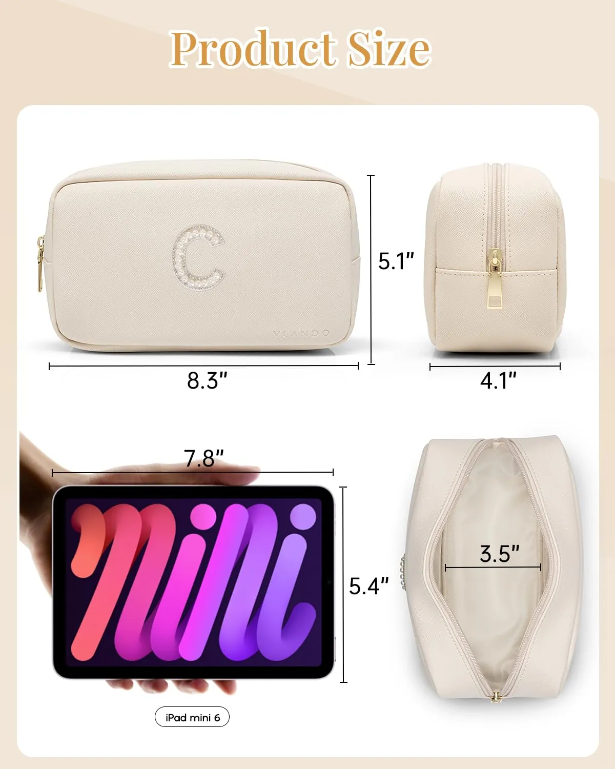 Vlando Gift for Women Small Cosmetic Pouch Make up Bag PU Leather Makeup Bag Monogram Gifts for Teen Girls Women Preppy Stuff C