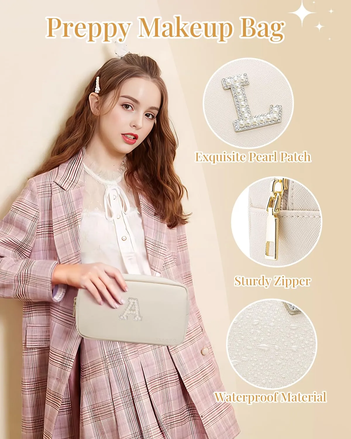 Vlando Gift for Women Small Cosmetic Pouch Make up Bag PU Leather Makeup Bag Monogram Gifts for Teen Girls Women Preppy Stuff C