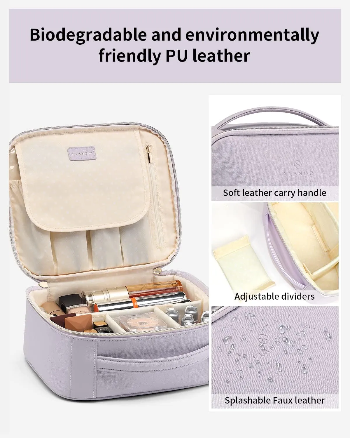 Vlando Travel Makeup Bag, Large Capacity Cosmetic Bag for Women PU Leather Makeup Case Organizer Portable Make up Bag with Dividers and Handle for Girls,Wedding,Makeup Brushes Purple
