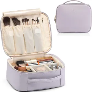 Vlando Travel Makeup Bag, Large Capacity Cosmetic Bag for Women PU Leather Makeup Case Organizer Portable Make up Bag with Dividers and Handle for Girls,Wedding,Makeup Brushes Purple