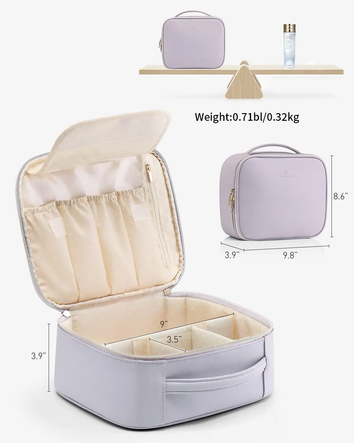 Vlando Travel Makeup Bag, Large Capacity Cosmetic Bag for Women PU Leather Makeup Case Organizer Portable Make up Bag with Dividers and Handle for Girls,Wedding,Makeup Brushes Purple