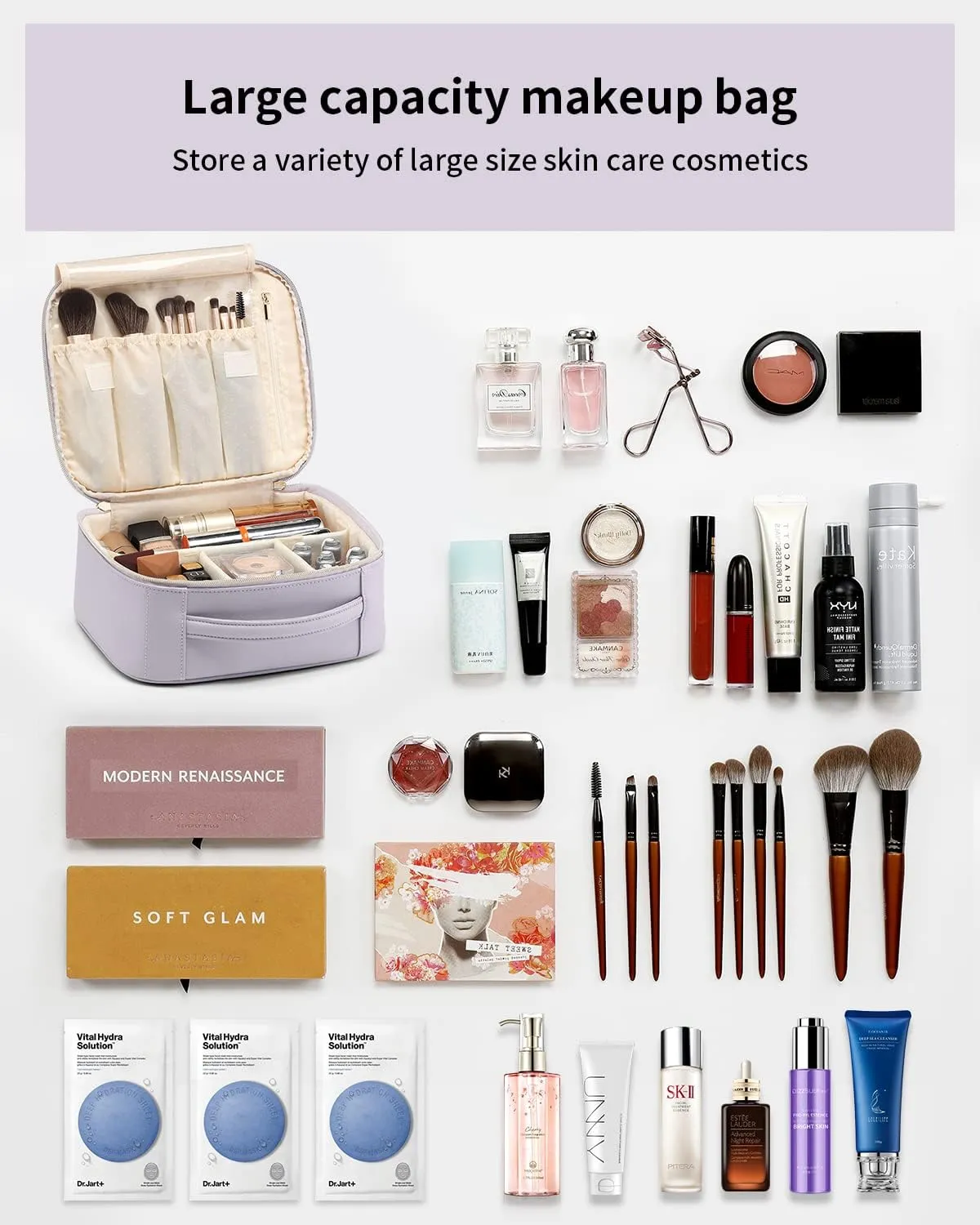 Vlando Travel Makeup Bag, Large Capacity Cosmetic Bag for Women PU Leather Makeup Case Organizer Portable Make up Bag with Dividers and Handle for Girls,Wedding,Makeup Brushes Purple