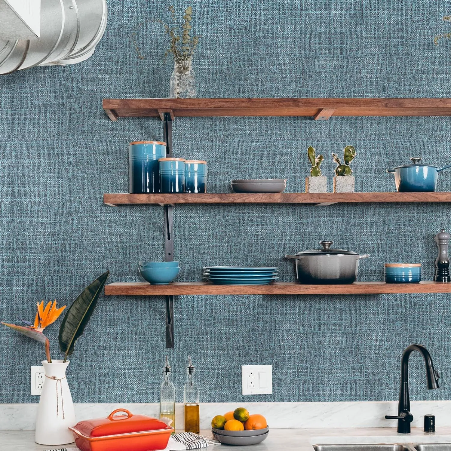 WADILE Grasscloth Peel and Stick Wallpaper 23.6in x 236in, Textured Contact Paper for Cabinets, Faux Linen Wall Paper Pull and Stick, Fabric Vinyl Wallpaper Self Adhesive Navy Blue