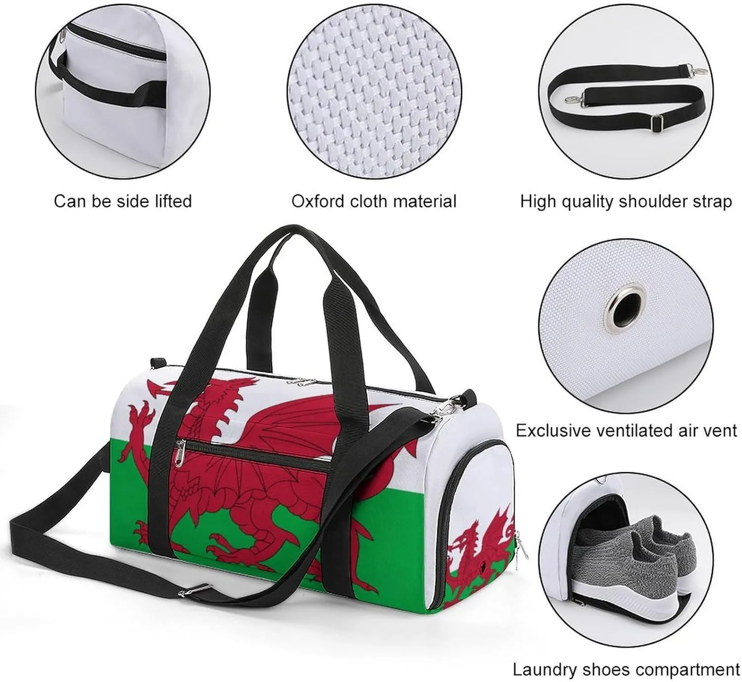Wales Flag Sports Gym Bag for Men Women with Shoe Compartment Carry On