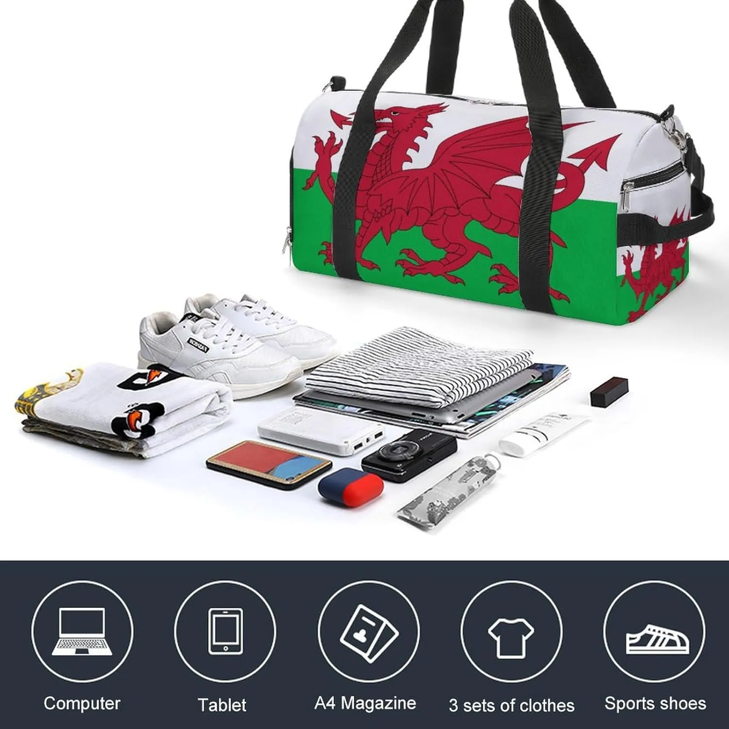 Wales Flag Sports Gym Bag for Men Women with Shoe Compartment Carry On
