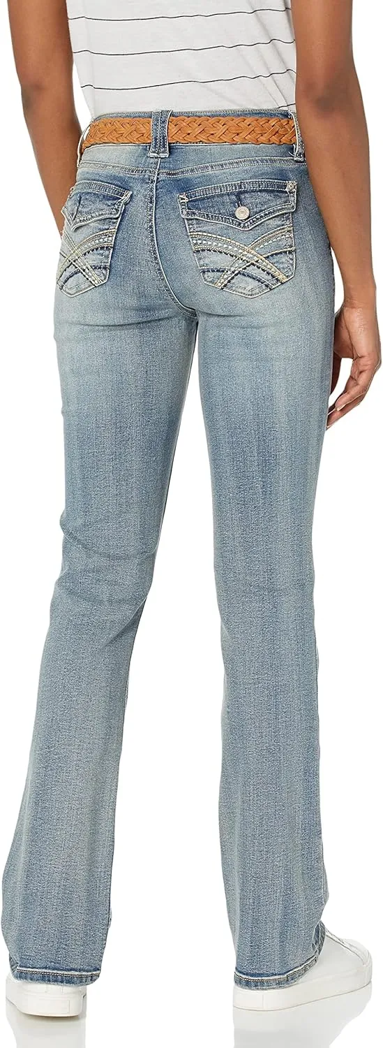 WallFlower Women's Legendary Slim Bootcut Mid-Rise Belted Insta Stretch Juniors Jeans (Standard and Plus)