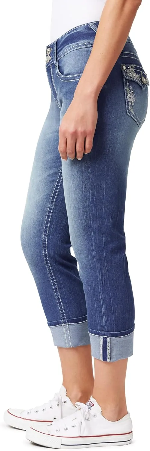WallFlower Women's Luscious Curvy 23.5" Crop Mid-Rise Bling Insta Stretch Juniors (Standard and Plus)
