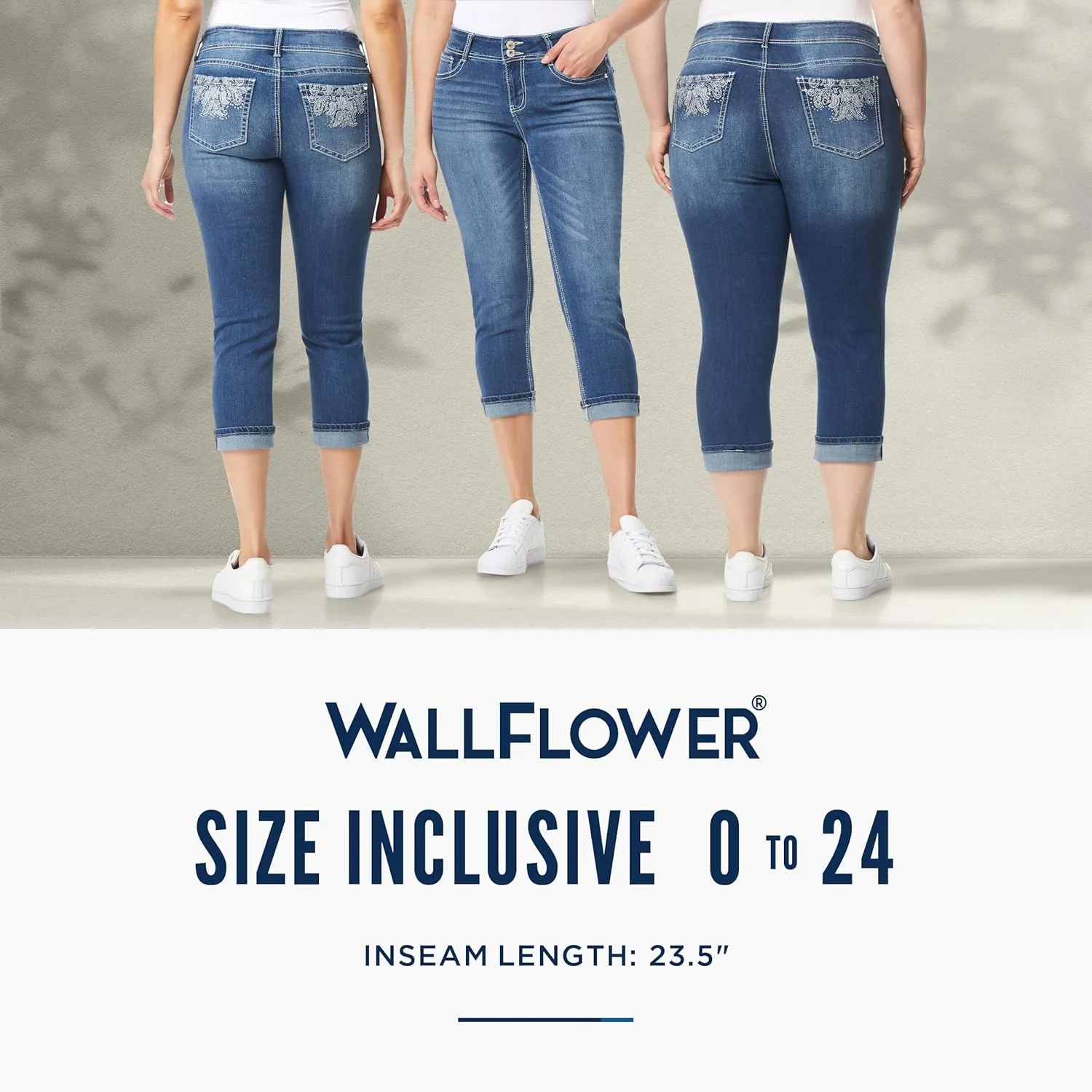 WallFlower Women's Luscious Curvy 23.5" Crop Mid-Rise Bling Insta Stretch Juniors (Standard and Plus)