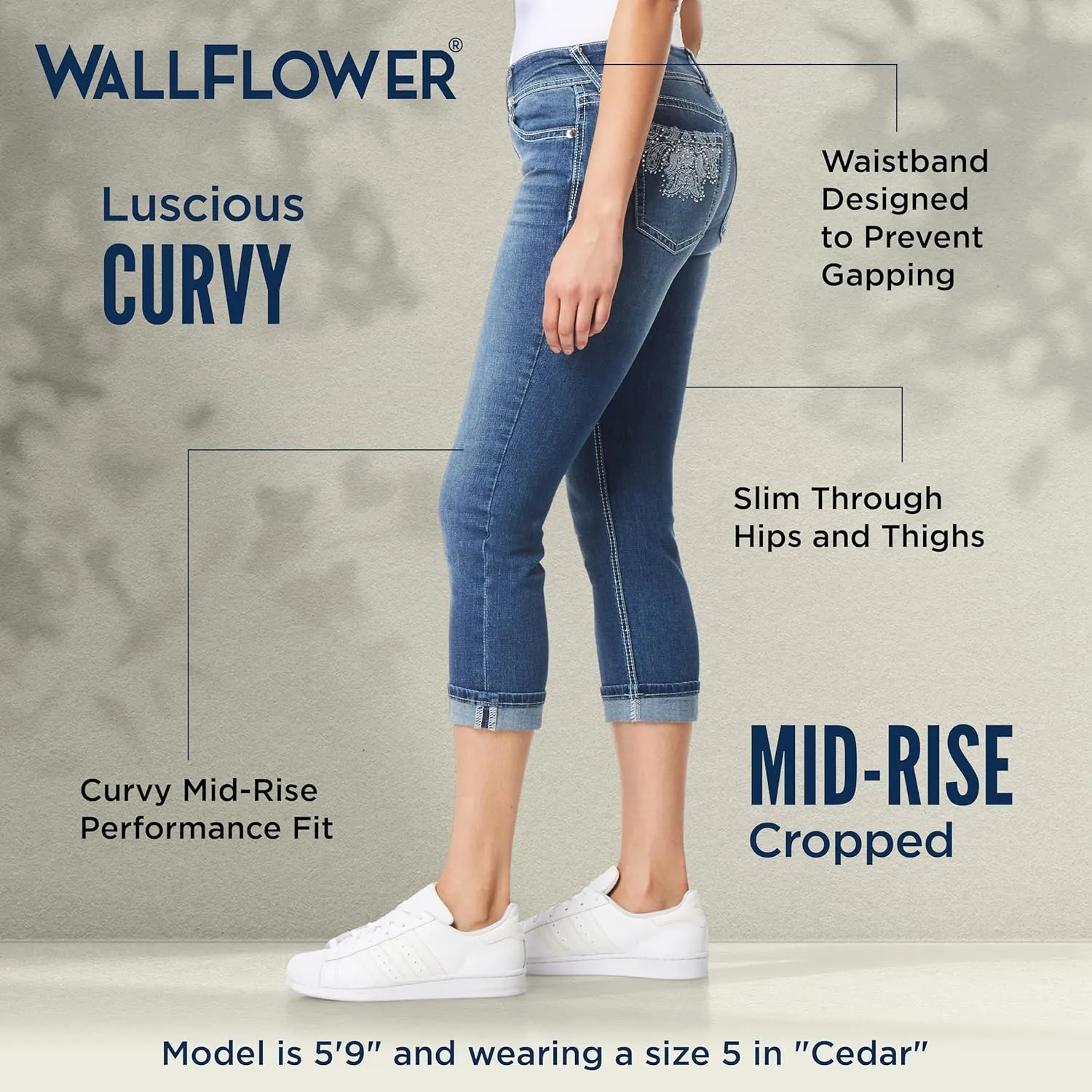 WallFlower Women's Luscious Curvy 23.5" Crop Mid-Rise Bling Insta Stretch Juniors (Standard and Plus)