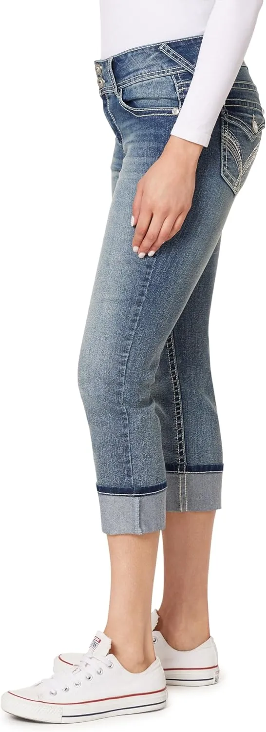 WallFlower Women's Luscious Curvy 23.5" Crop Mid-Rise Bling Insta Stretch Juniors (Standard and Plus)