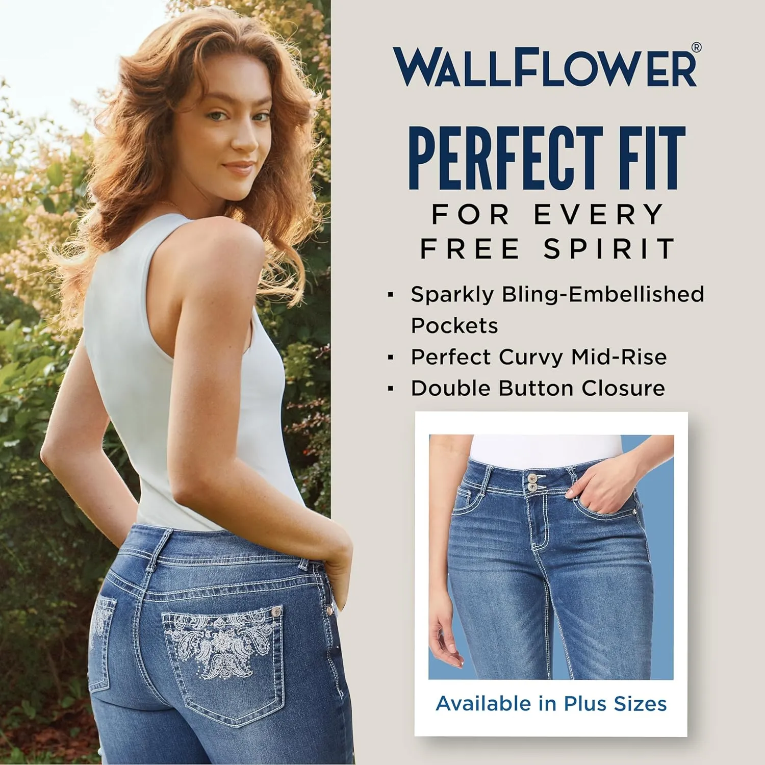 WallFlower Women's Luscious Curvy 23.5" Crop Mid-Rise Bling Insta Stretch Juniors (Standard and Plus)