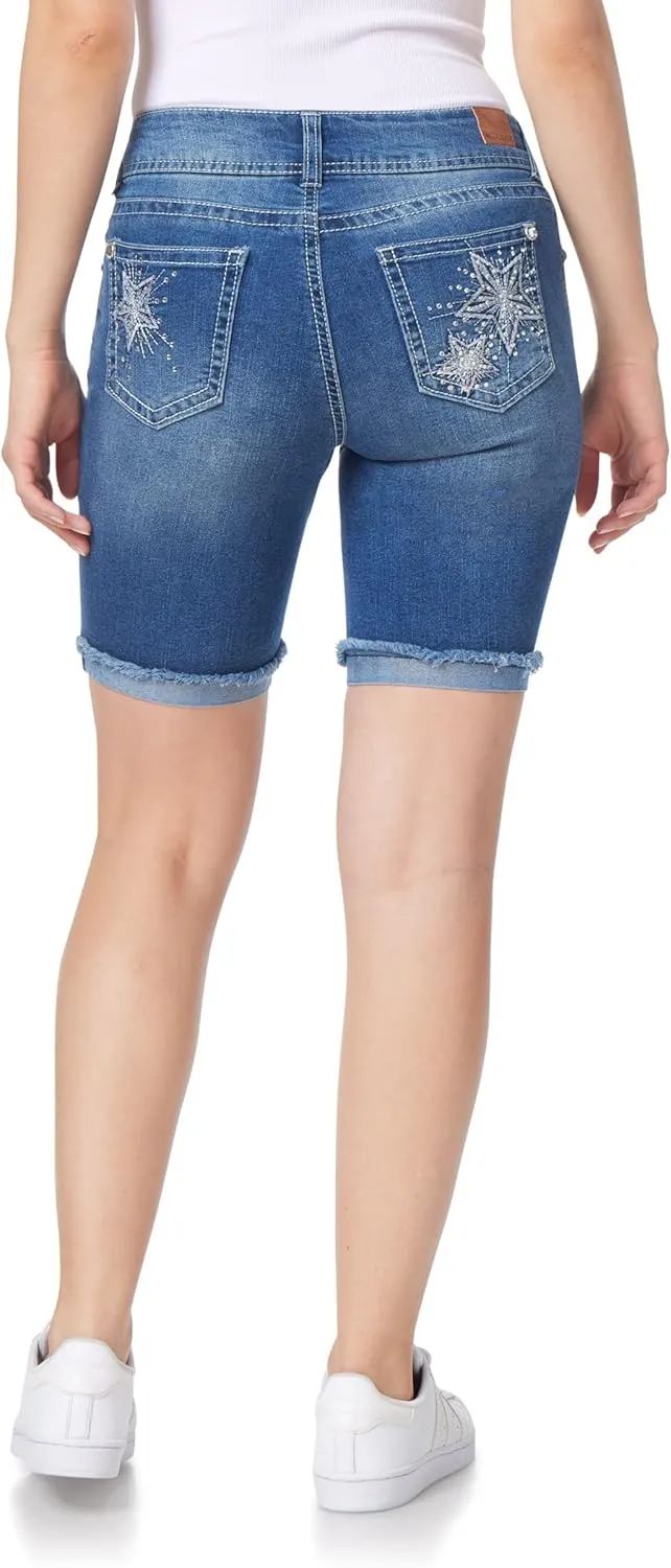 WallFlower Women's Luscious Curvy Denim Shorts Mid-Rise Bling and Belted Insta Stretch Juniors (Standard and Plus)