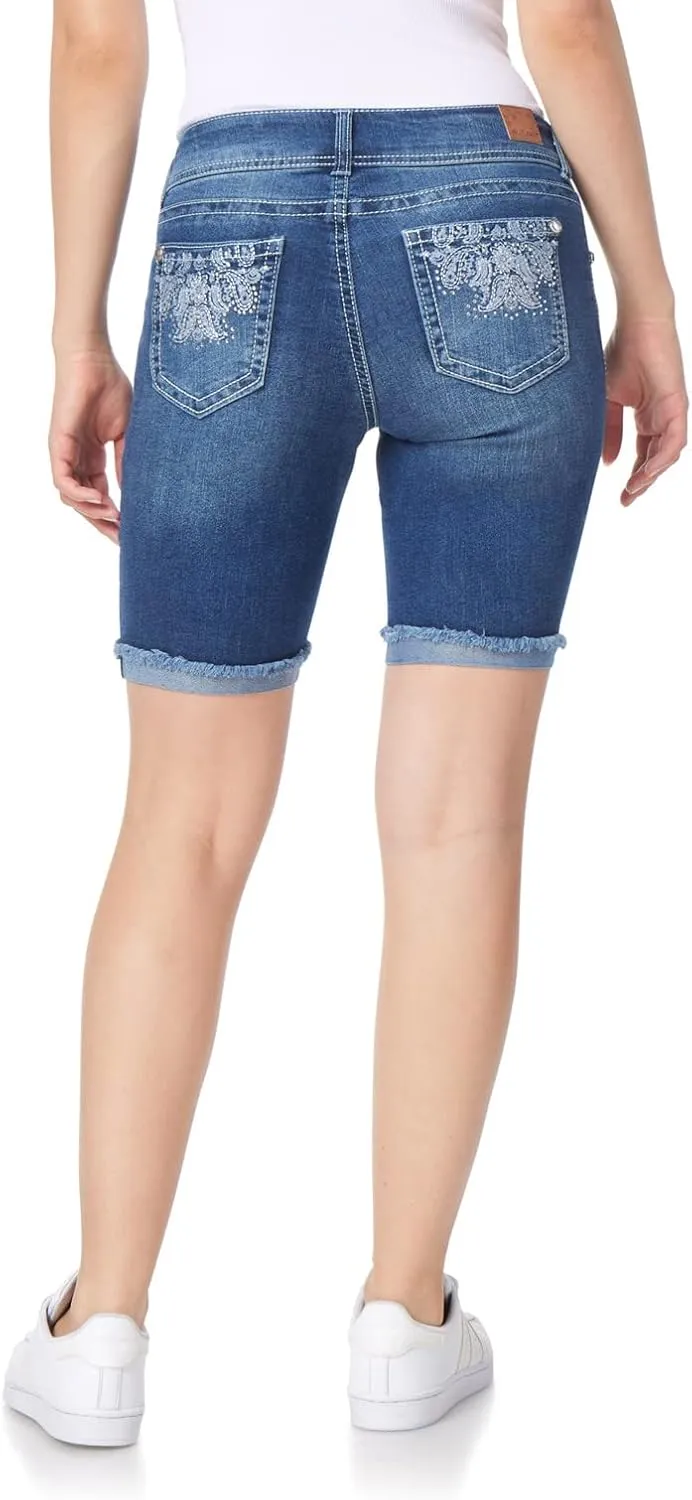 WallFlower Women's Luscious Curvy Denim Shorts Mid-Rise Bling and Belted Insta Stretch Juniors (Standard and Plus)