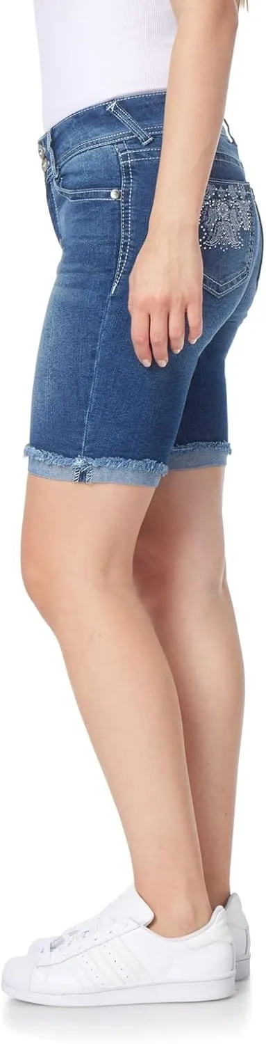 WallFlower Women's Luscious Curvy Denim Shorts Mid-Rise Bling and Belted Insta Stretch Juniors (Standard and Plus)