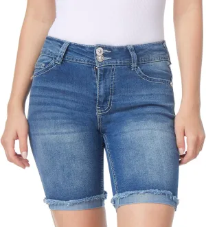 WallFlower Women's Luscious Curvy Denim Shorts Mid-Rise Bling and Belted Insta Stretch Juniors (Standard and Plus)