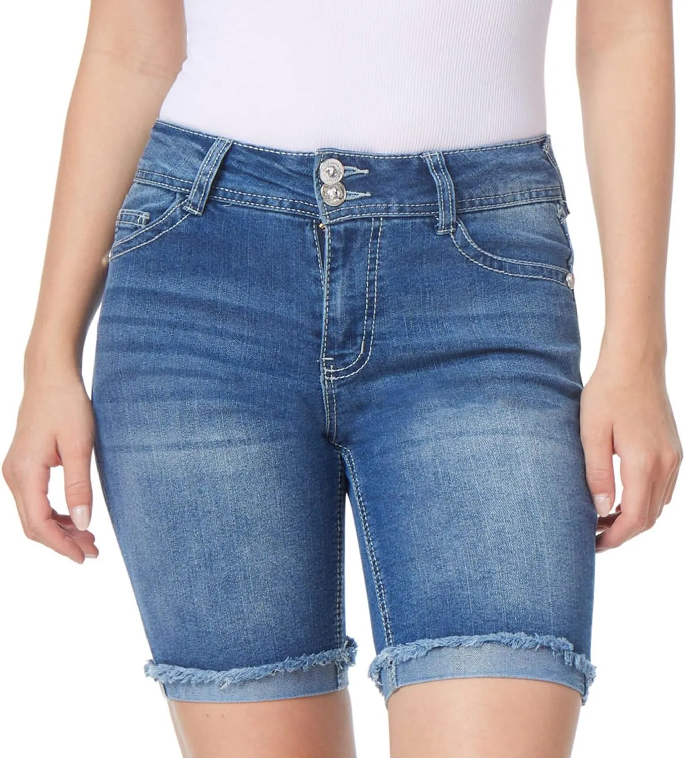 WallFlower Women's Luscious Curvy Denim Shorts Mid-Rise Bling and Belted Insta Stretch Juniors (Standard and Plus)