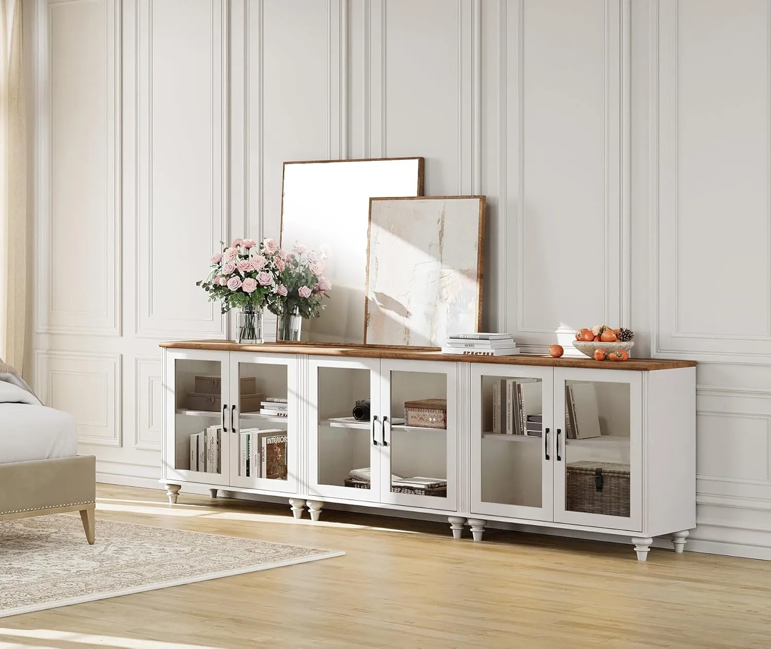 WAMPAT Modern TV Stand for 100 Inch TV, Wood TV Cabinet Entertainment Center for 95/90/85 Inch TV, Large Kitchen Buffet Cabinet with 6 Glass Door for Dining Room & Living Room, White