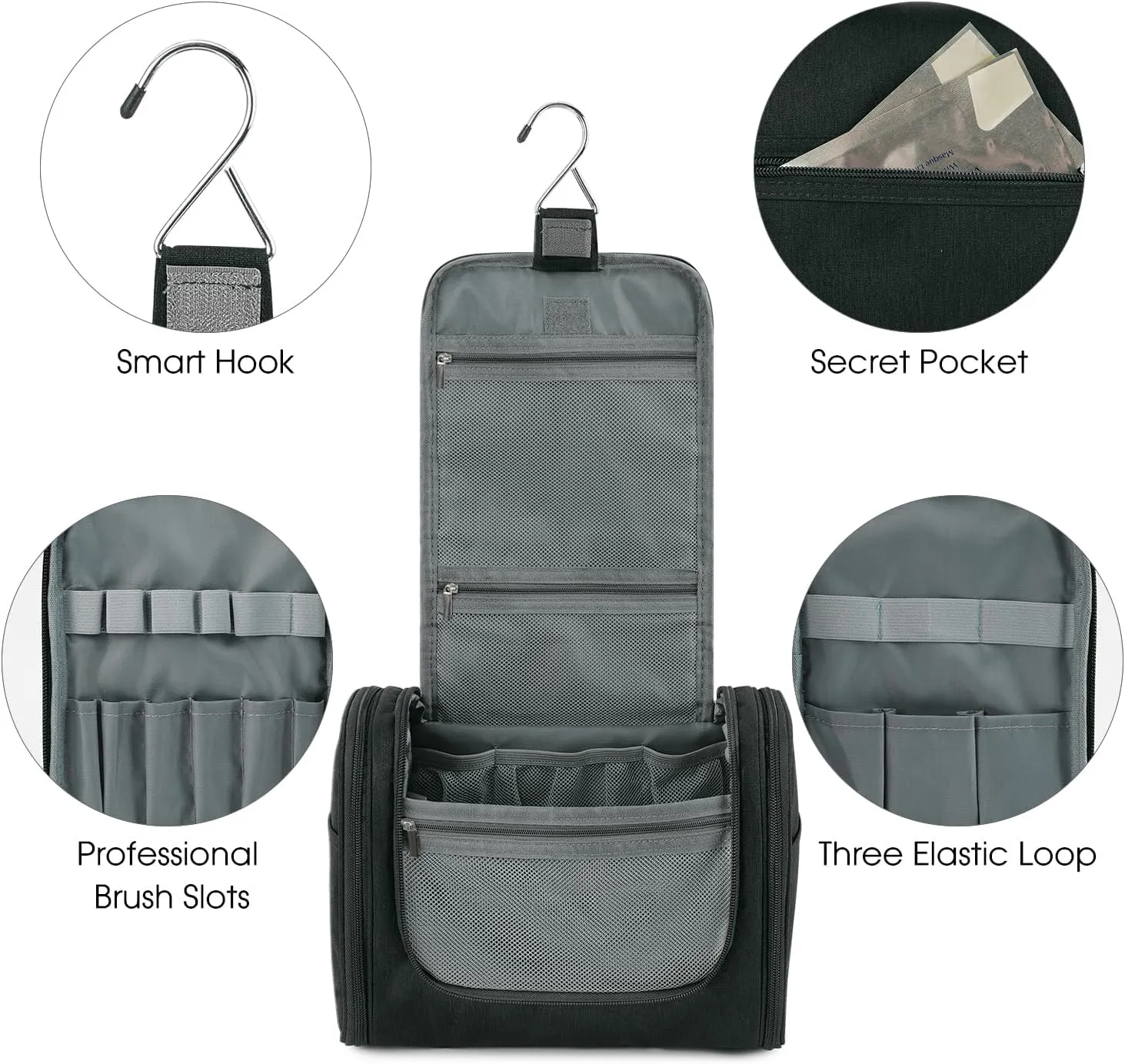 WANDF Large Hanging Toiletry Bag Travel Cosmetic Makeup Organizer Water-Resistant Shower Bathroom Bag for Women and Men (Black)