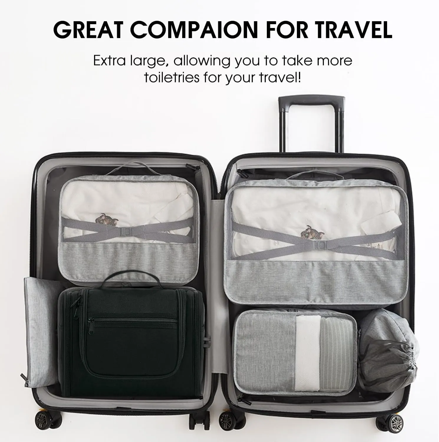 WANDF Large Hanging Toiletry Bag Travel Cosmetic Makeup Organizer Water-Resistant Shower Bathroom Bag for Women and Men (Black)