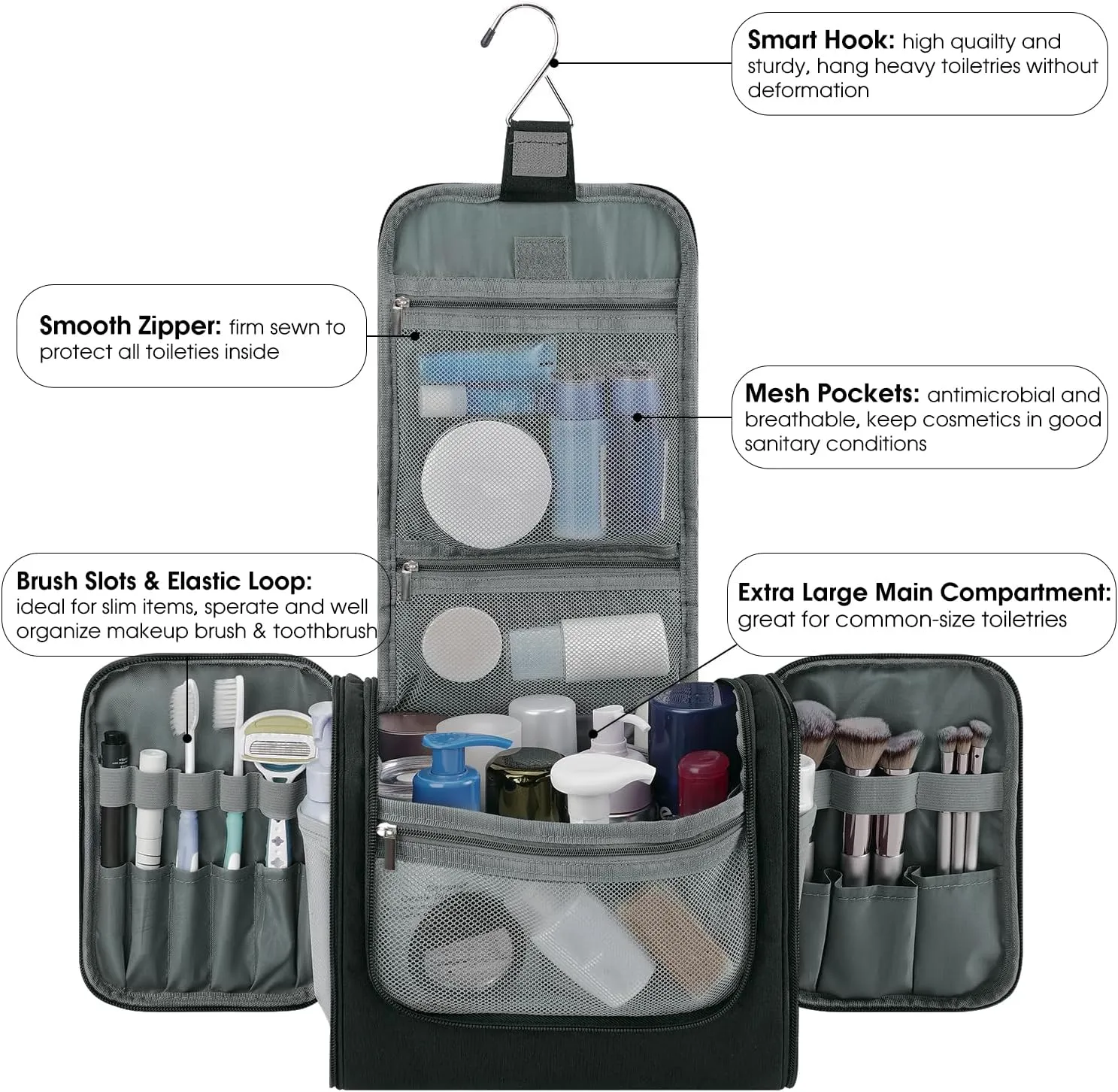 WANDF Large Hanging Toiletry Bag Travel Cosmetic Makeup Organizer Water-Resistant Shower Bathroom Bag for Women and Men (Black)