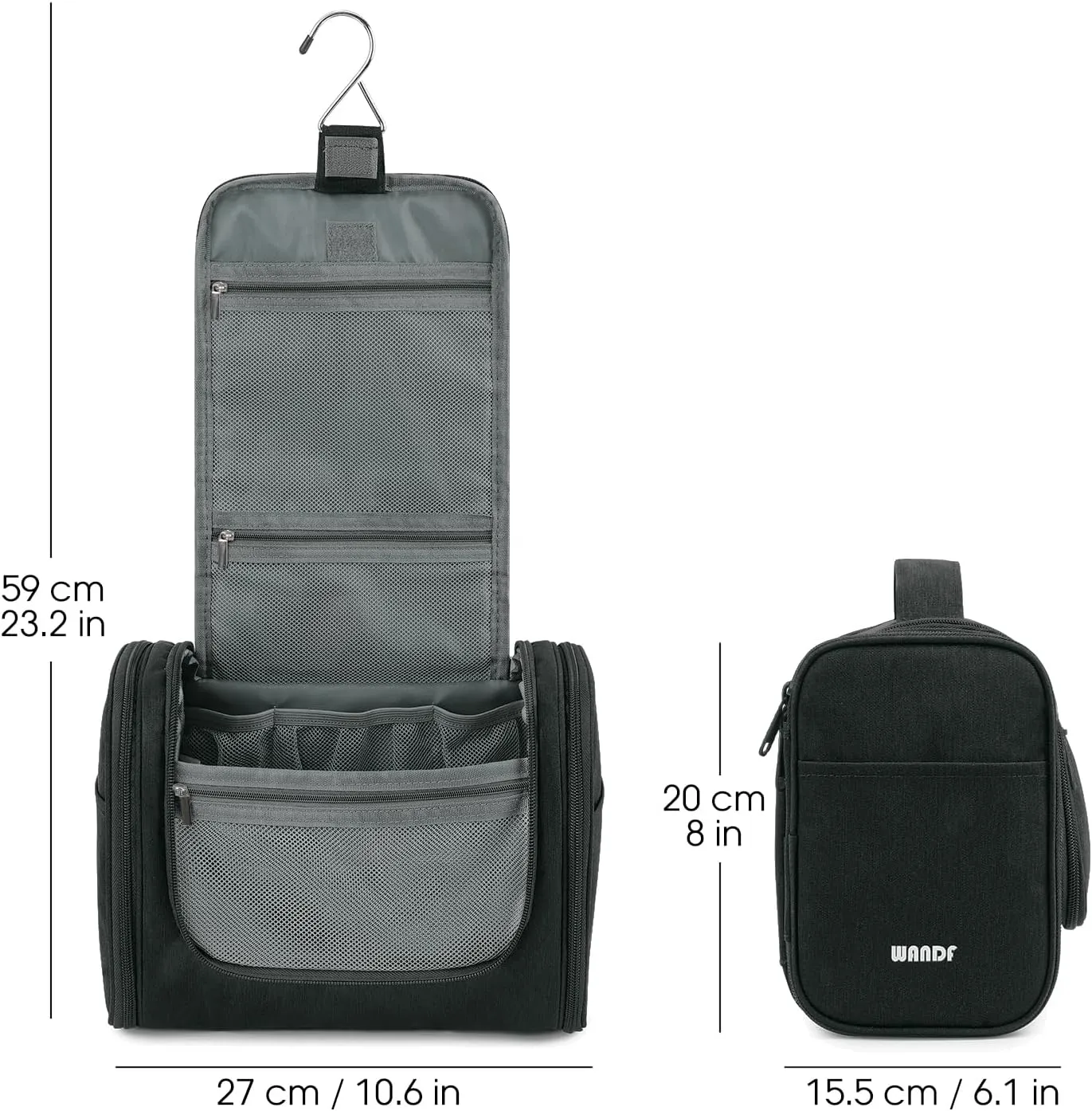 WANDF Large Hanging Toiletry Bag Travel Cosmetic Makeup Organizer Water-Resistant Shower Bathroom Bag for Women and Men (Black)