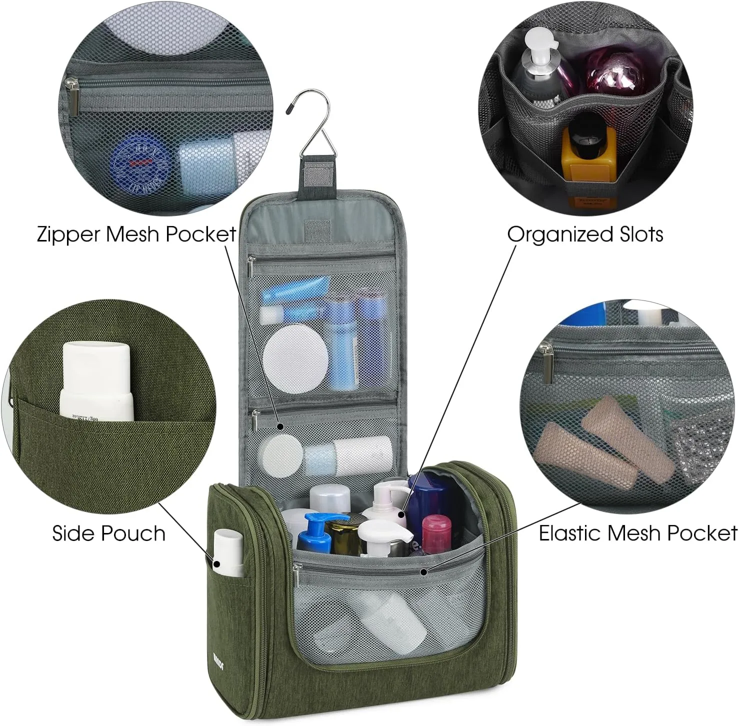 WANDF Large Hanging Toiletry Bag Travel Cosmetic Makeup Organizer Water-Resistant Shower Bathroom Bag for Women and Men (Dark Green)