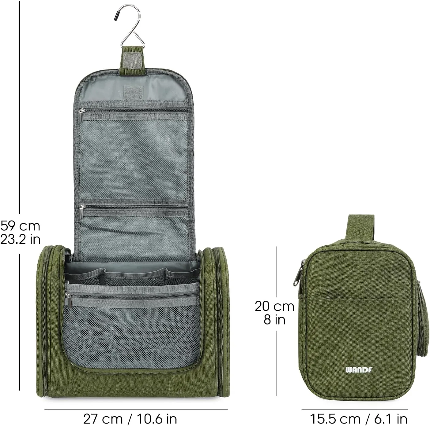 WANDF Large Hanging Toiletry Bag Travel Cosmetic Makeup Organizer Water-Resistant Shower Bathroom Bag for Women and Men (Dark Green)