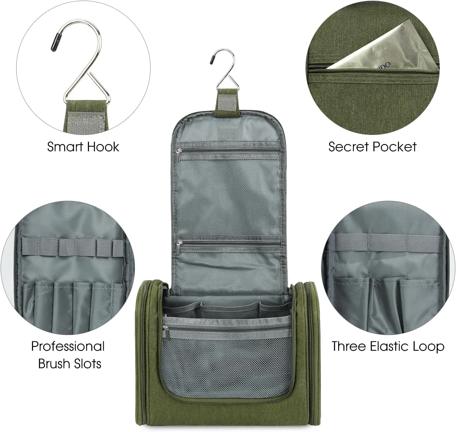 WANDF Large Hanging Toiletry Bag Travel Cosmetic Makeup Organizer Water-Resistant Shower Bathroom Bag for Women and Men (Dark Green)