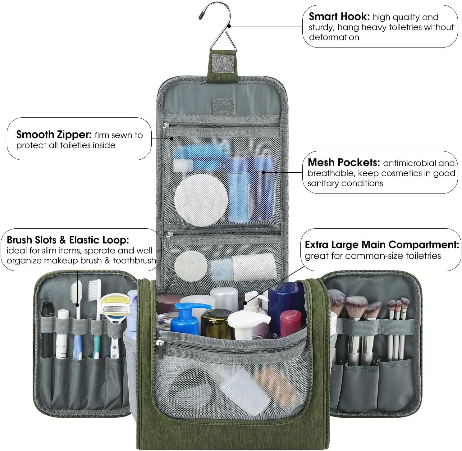 WANDF Large Hanging Toiletry Bag Travel Cosmetic Makeup Organizer Water-Resistant Shower Bathroom Bag for Women and Men (Dark Green)