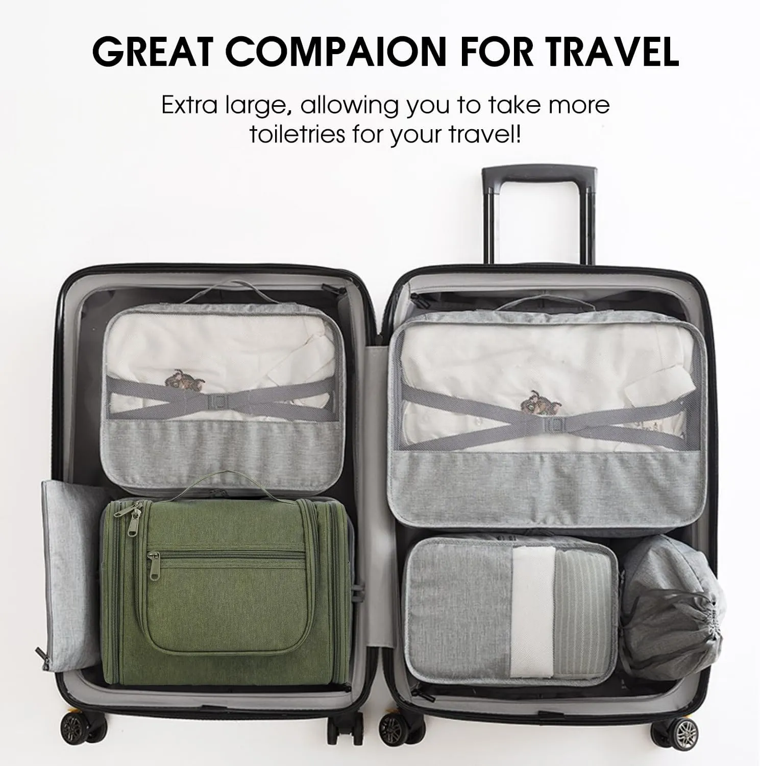 WANDF Large Hanging Toiletry Bag Travel Cosmetic Makeup Organizer Water-Resistant Shower Bathroom Bag for Women and Men (Dark Green)