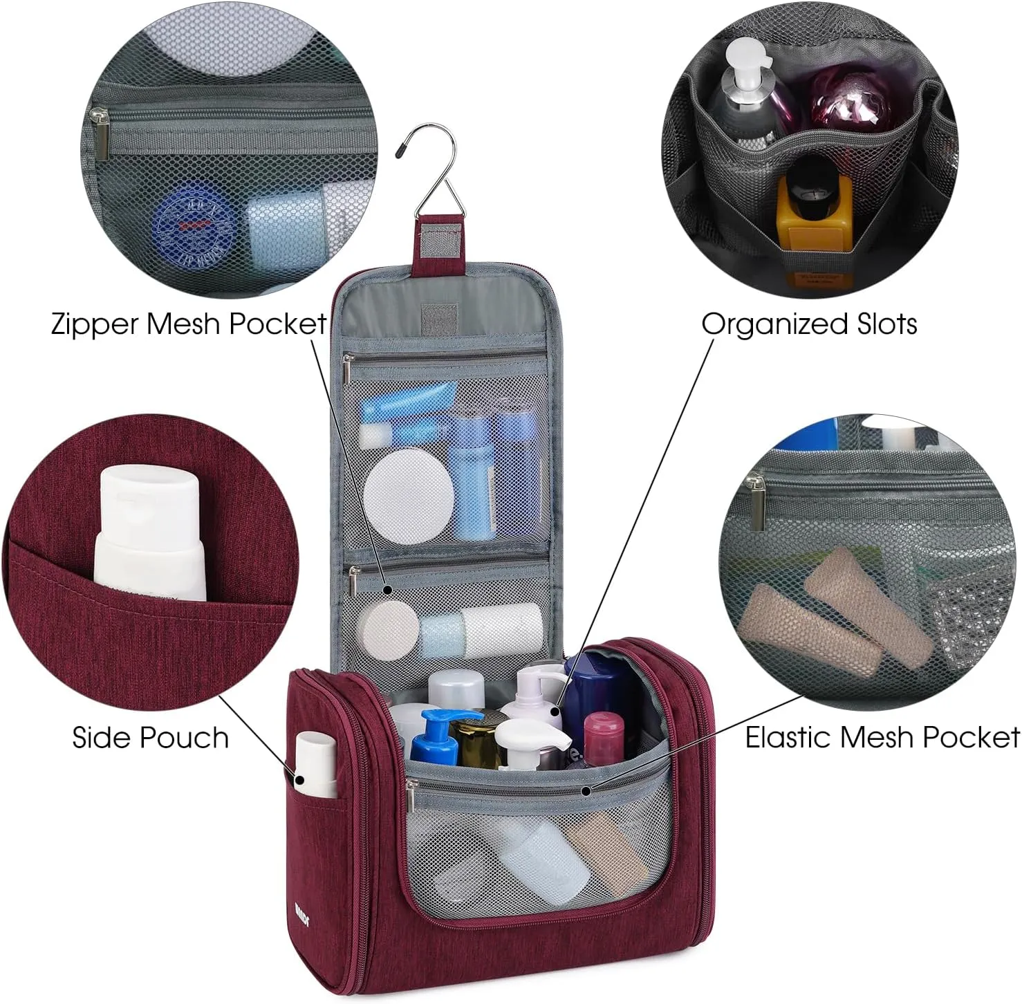 WANDF Large Hanging Toiletry Bag Travel Cosmetic Makeup Organizer Water-Resistant Shower Bathroom Bag for Women and Men (Red)