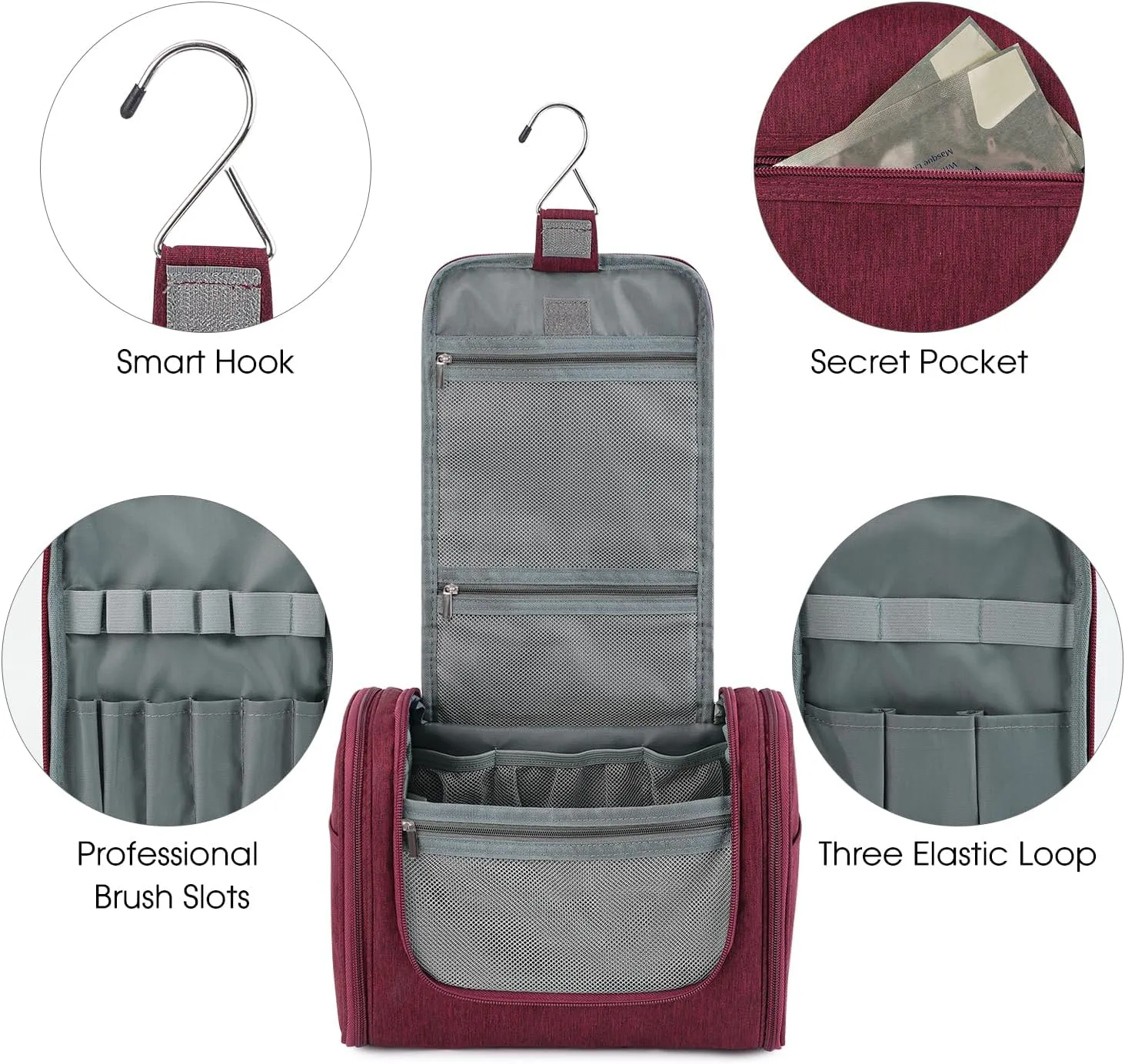 WANDF Large Hanging Toiletry Bag Travel Cosmetic Makeup Organizer Water-Resistant Shower Bathroom Bag for Women and Men (Red)