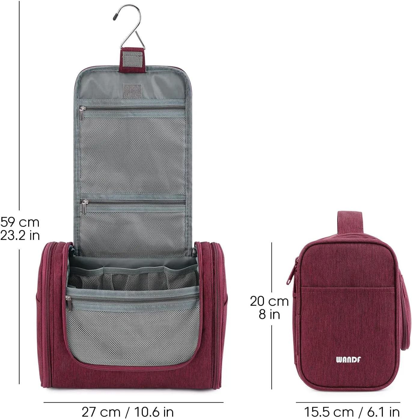 WANDF Large Hanging Toiletry Bag Travel Cosmetic Makeup Organizer Water-Resistant Shower Bathroom Bag for Women and Men (Red)