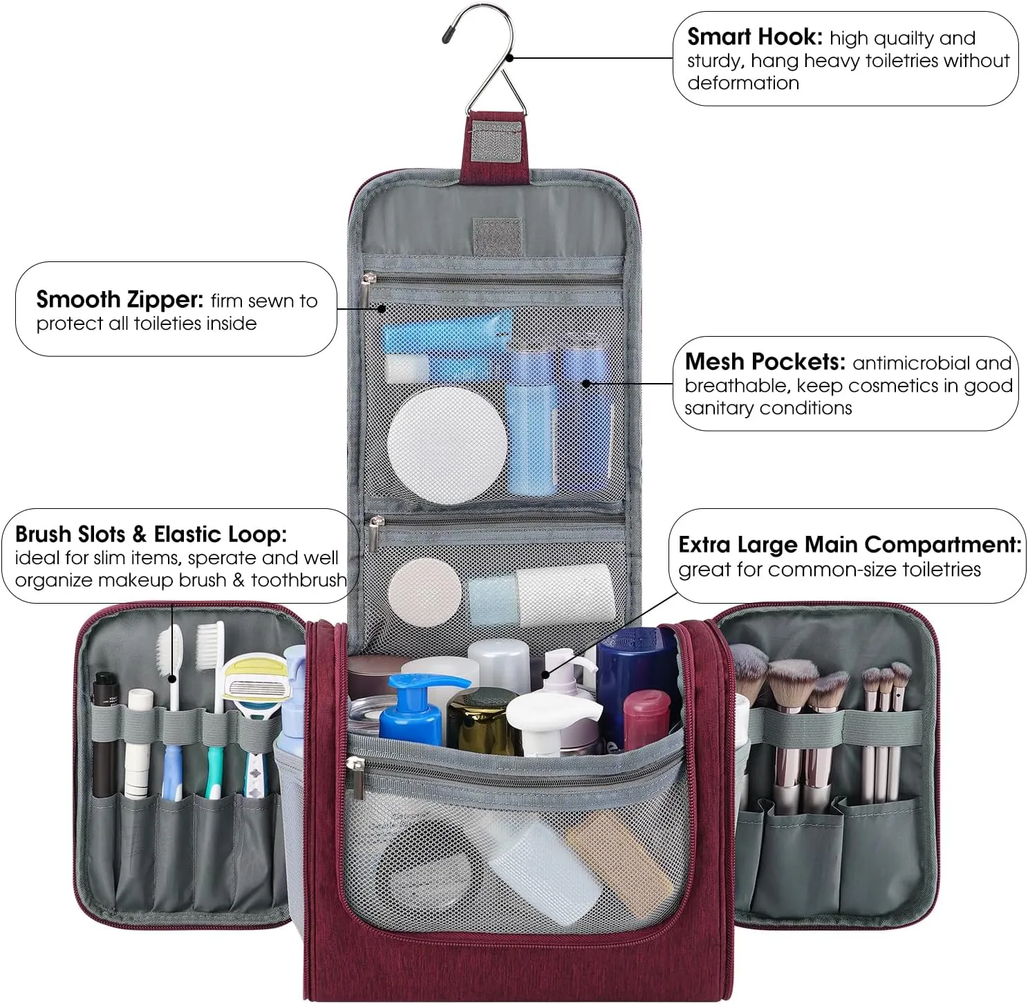 WANDF Large Hanging Toiletry Bag Travel Cosmetic Makeup Organizer Water-Resistant Shower Bathroom Bag for Women and Men (Red)