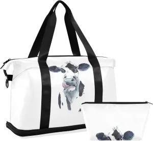 Watercolor Cow Head Portrait Black and White Farm Animal Gym Duffel Bag, Polyester Travel Weekender Luggage Handbag with Waterproof Pocket for Wet Items, Unisex Foldable Tote for Sports