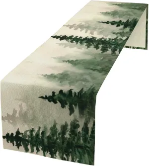 Watercolor Green Forest Table Runner, Fog Pine Tree Woodland Mist Yellowed Paper Backdrop Table Decor, Cotton Linen Tablerunner for Dinning Room, Kitchen, Living Room, 13x70in