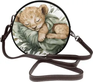 Watercolor Lion Sleeping In Blanket Women Round Crossbody Bags Leather Sling Bag Purse