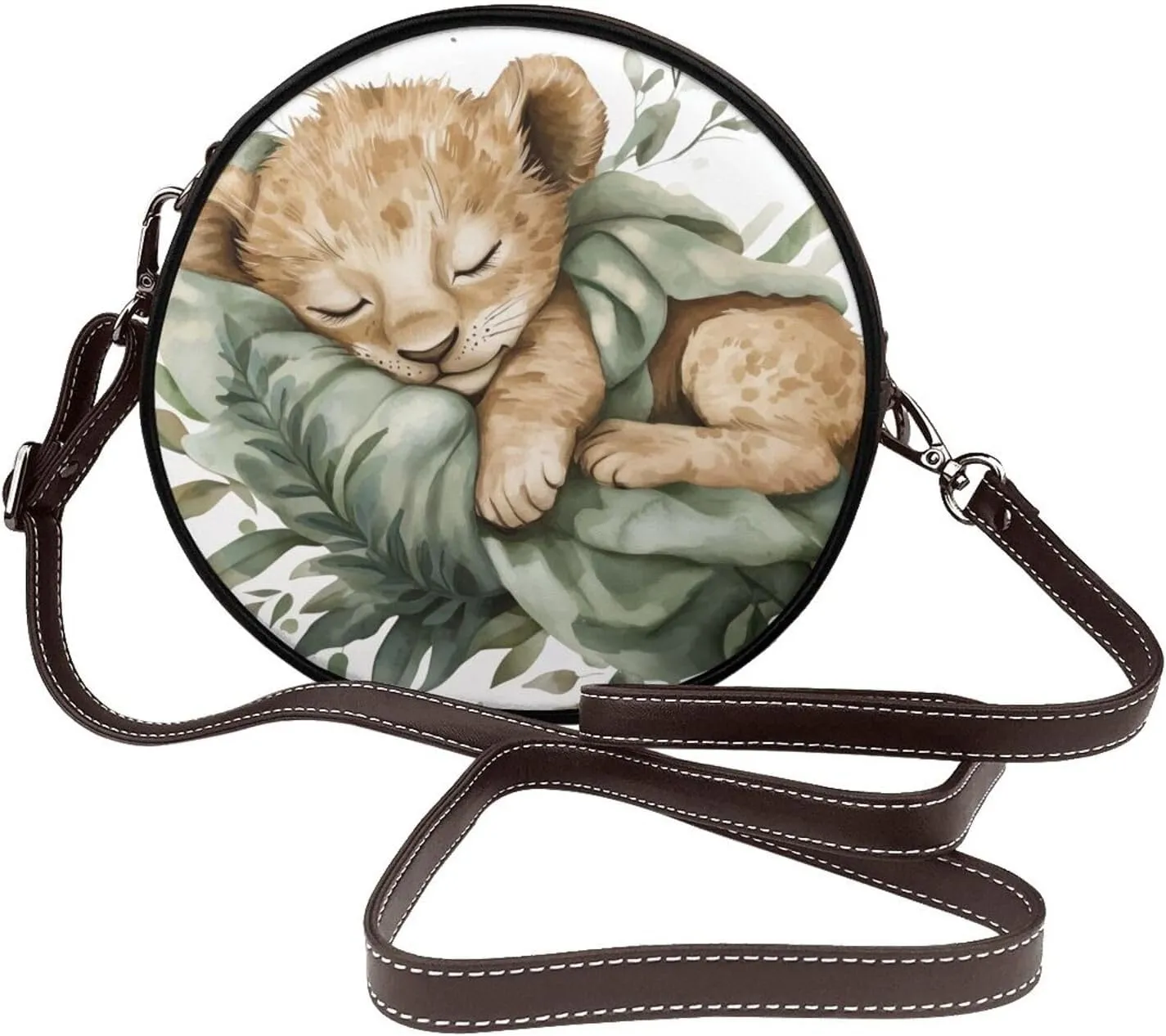 Watercolor Lion Sleeping In Blanket Women Round Crossbody Bags Leather Sling Bag Purse