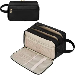Waterproof Hanging Toiletry Bag | Large Capacity PU Leather Travel Organizer with Wet/Dry Compartments | Foldable Storage Bags Cosmetic & Shaving Kit for Women Men (Black)